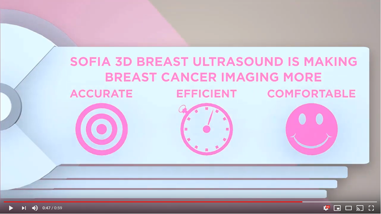 SOFIA 3D Breast Ultrasound is making breast cancer imaging more accurate, efficient, and comfortable. The whole breast can be scanned in 30 seconds.  Appointments can be completed in 10 minutes. and radiologist can read the resulting stores in 2 minutes.

3D Breast Ultrasound  in seconds

The SOFIA 3D Breast Ultrasound was developed with dense breast women  in mind.

Throughout the scan the patient remains covered, lying comfortably on the memory foam bed, with no compression of her breasts.

SOFIA can image an entire breast in 30 seconds.

The 3D images make it much easier for a radiologist to view the patient's breast tissue on a SOFIA Advanced Workstation.

All patients deserve the best most reliable care.
